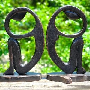 Vintage Mid Century Modern Wood Modernist Abstract Folk Art Sculpture Set of 2